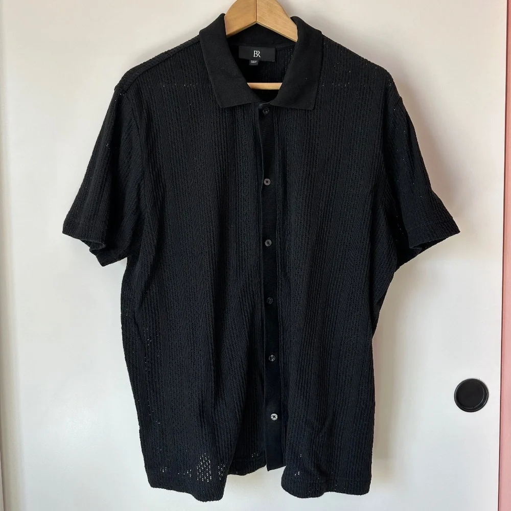 Banana Republic Mens Black Crochet Knit Collared Button Down - Picture 1 of 4